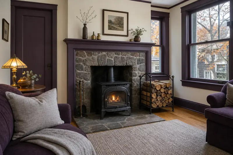 A hearth room with a cast-iron wood stove on a stone hearth pad, split firewood in a steel rack and a clear hearth; illustrative image