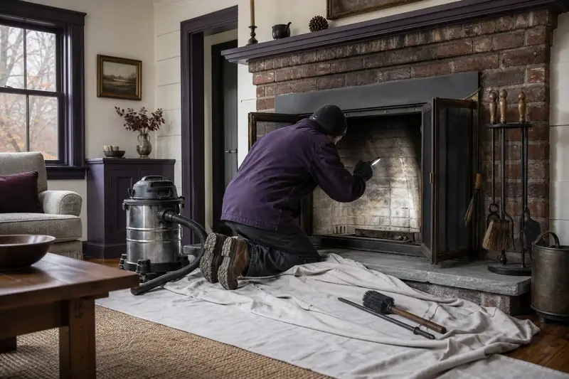 A technician checking the firebox walls of a wood-burning insert in a brick opening with a work light, a drop cloth on the hearth; illustrative image