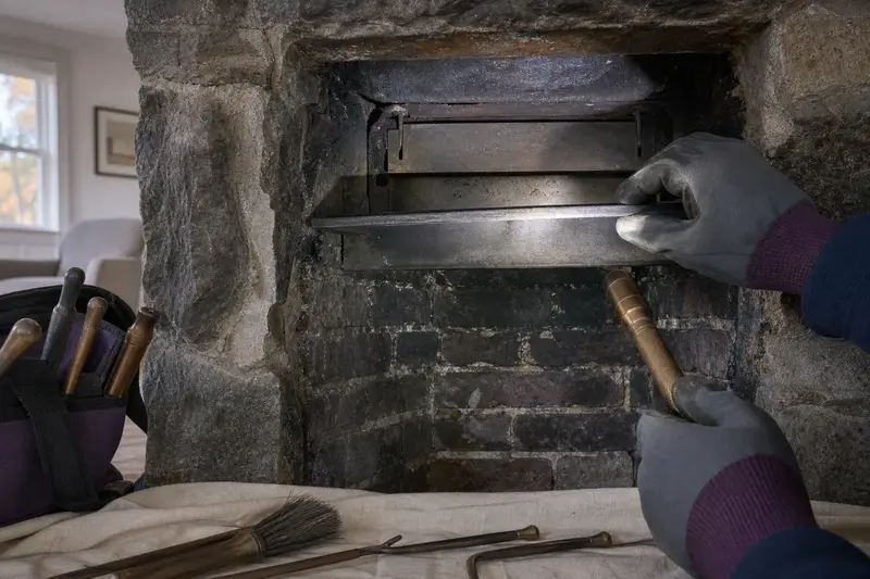 A smoke shelf and damper frame lit by a flashlight beam; illustrative image