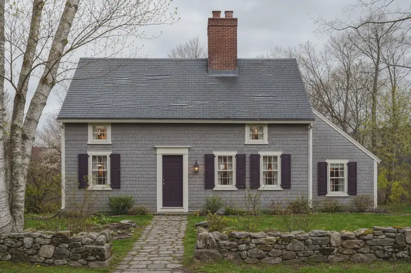 A 1950s saltbox house with a two-flue brick chimney on a slate roof of even red brick; illustrative image