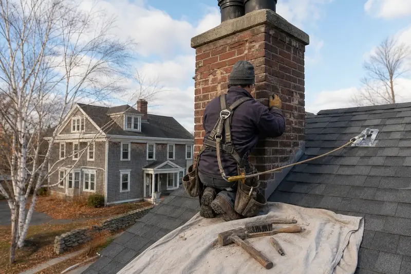 A harnessed mason checking the brick faces of a tall brick chimney on a steep gable roof near the crown; illustrative image