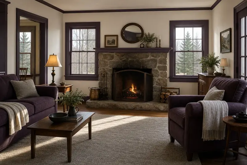 A living room with a factory-built wood-burning fireplace with a stone facing and a small fire behind a screen, no one present; illustrative image