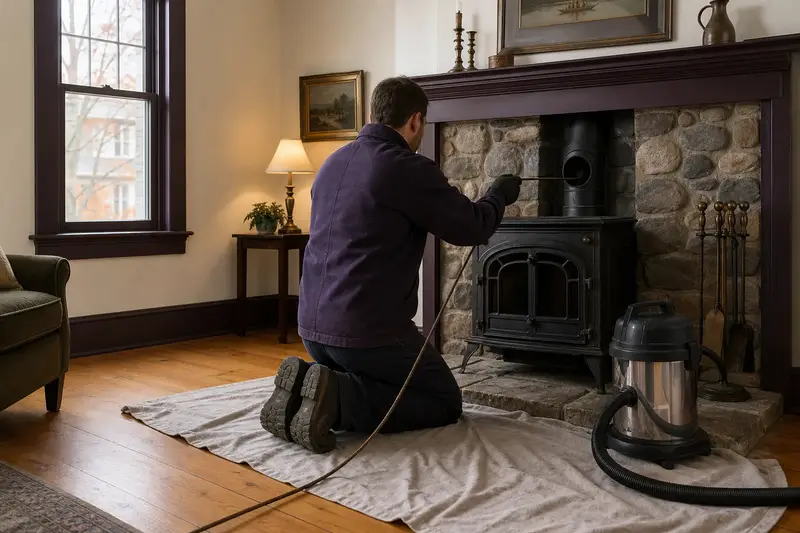 A technician feeding a rotary chimney brush up the flue of a cast-iron wood stove on a stone hearth pad, drop cloths and a sealed vacuum on the hearth; illustrative image