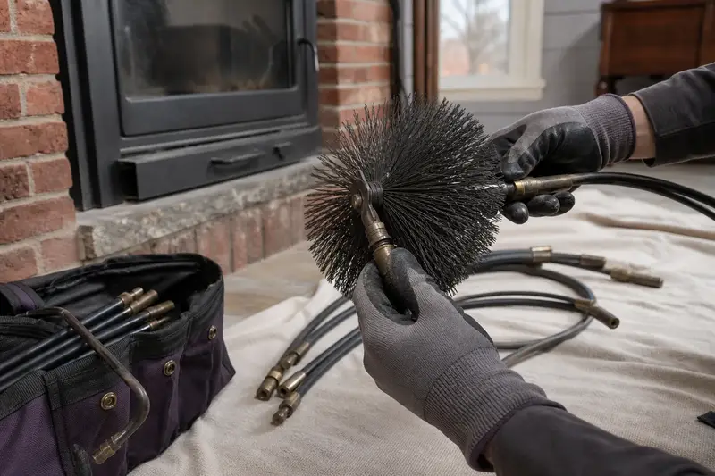 A rotary brush head and flexible rods laid on a canvas drop cloth beside a wood-burning insert in a brick opening; illustrative image