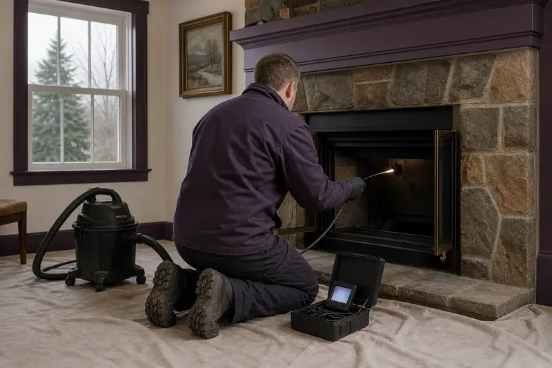 A technician guiding an inspection camera into the firebox of a direct-vent gas fireplace, the fireplace cold and unlit; illustrative image