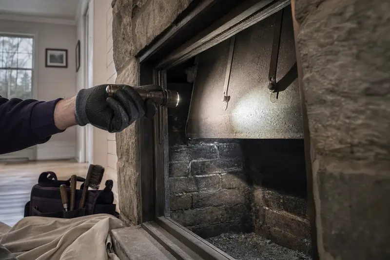 A flashlight beam across the smoke chamber and damper of a factory-built wood-burning fireplace with a stone facing, a gloved hand holding the light; illustrative image