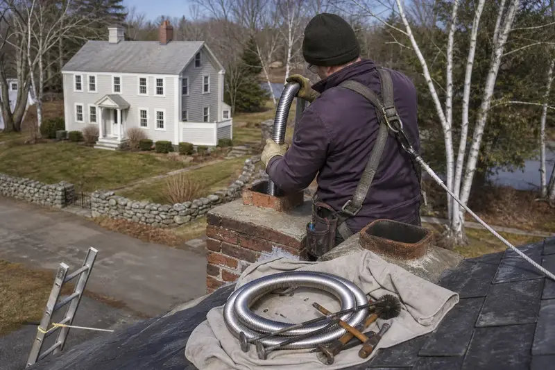 A harnessed technician guiding a flexible stainless steel liner down into the flue at the top of a two-flue brick chimney on a slate roof; illustrative image