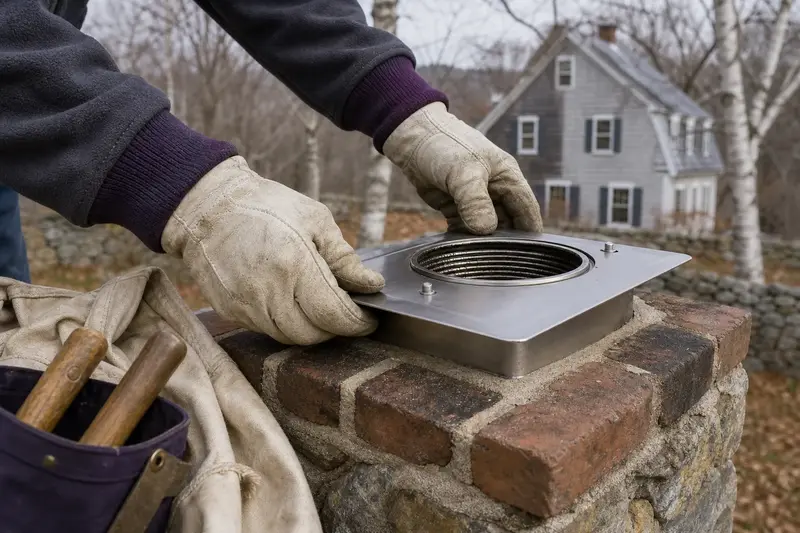 Gloved hands fitting a stainless steel liner top plate at a flue opening; illustrative image