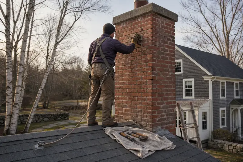 A harnessed mason examining the brickwork of a red brick chimney with a concrete crown with a gloved hand; illustrative image