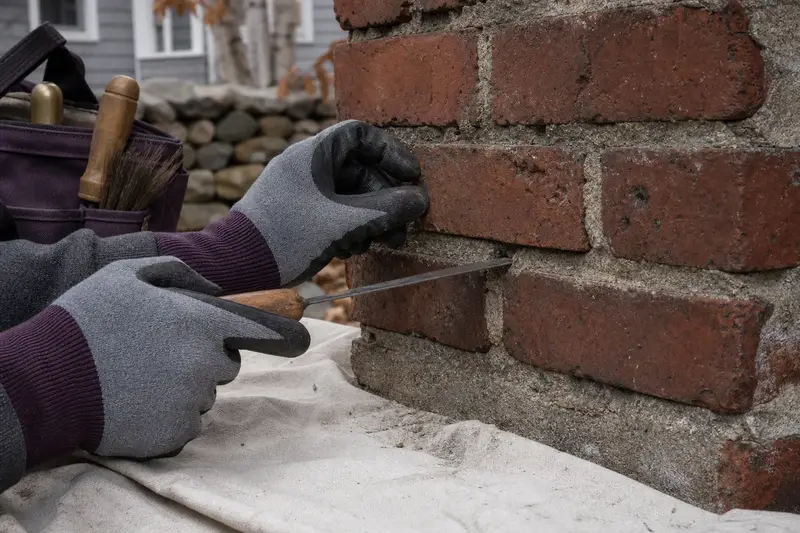 Gloved hands probing a cracked mortar joint with a thin feeler blade; illustrative image