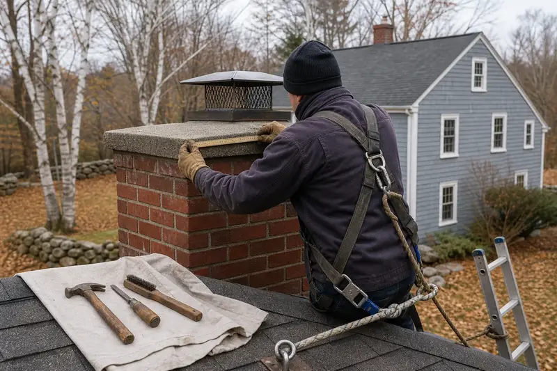A harnessed mason measuring the crown of a red brick chimney with a concrete crown with a folding rule; illustrative image