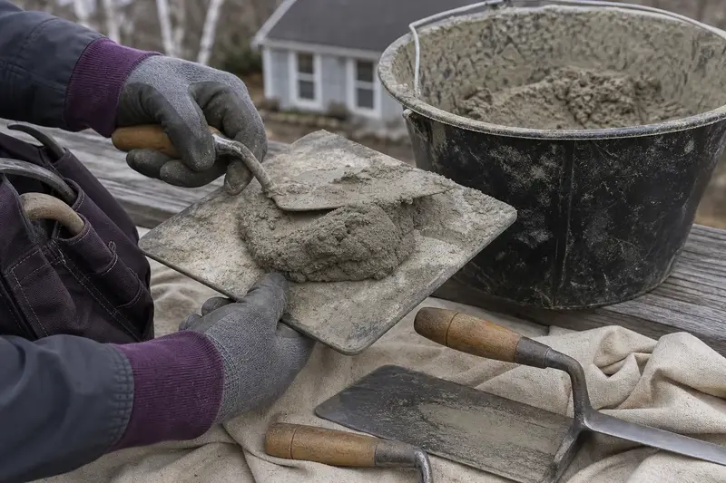 A mortar hawk, trowels and a bucket of mixed mortar set on a roof work platform; illustrative image