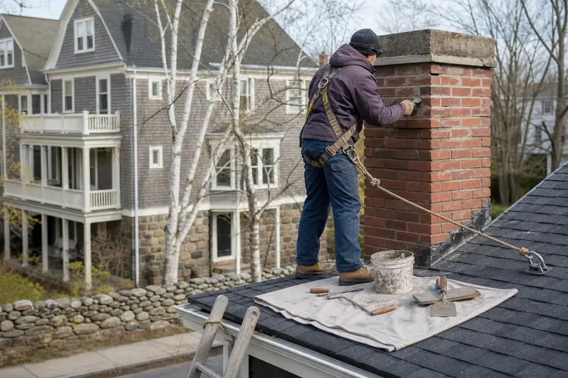 A harnessed mason repointing mortar joints on a red brick chimney with a concrete crown with a pointing trowel; illustrative image