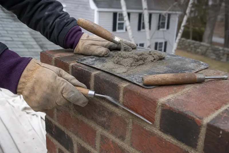 A mortar hawk, pointing trowel and jointer resting on sound brick at a chimney shoulder; illustrative image
