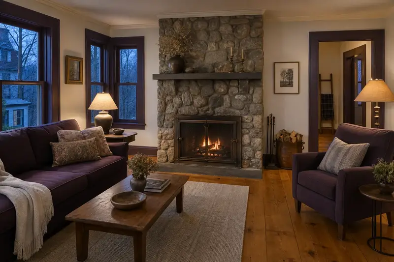 A remodeled living room with an open masonry wood-burning fireplace framed by a floor-to-ceiling stone surround; illustrative image