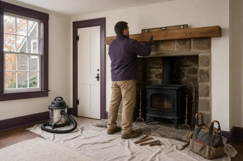 An installer leveling a new wood mantel above a cast-iron wood stove on a stone hearth pad; illustrative image