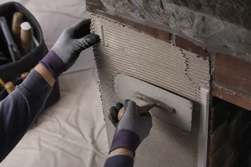 Gloved hands spreading thinset on a fireplace surround before a tile is set; illustrative image