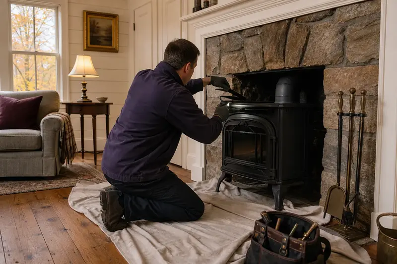 A technician checking the damper of a freestanding gas stove with a flashlight before the heating season, the fireplace cold; illustrative image