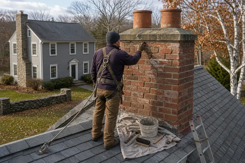 A harnessed mason checking the brick faces of a two-flue brick chimney on a slate roof near the crown; illustrative image