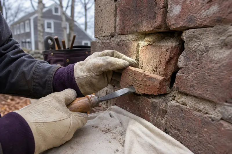 Gloved hands lifting a loose spalled brick face with a small chisel; illustrative image