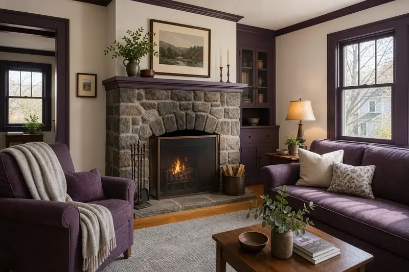 A living room with an open masonry wood-burning fireplace and a small fire behind a screen, no one present; illustrative image