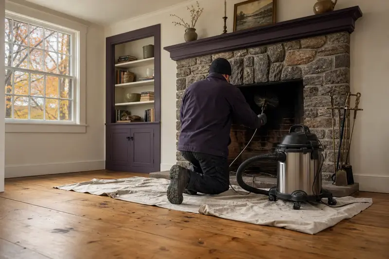 A technician feeding a rotary chimney brush up the flue of a factory-built wood-burning fireplace with a stone facing, drop cloths and a sealed vacuum on the hearth; illustrative image