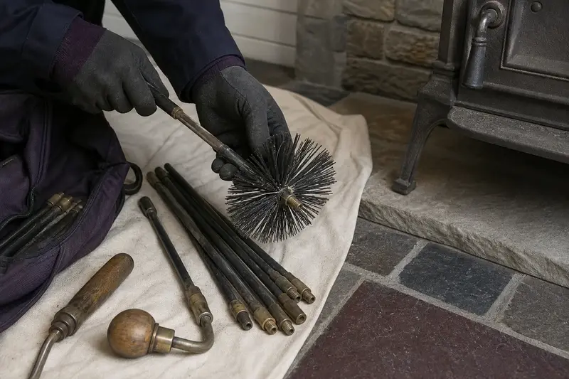 A rotary brush head and flexible rods laid on a canvas drop cloth beside a cast-iron wood stove on a stone hearth pad; illustrative image