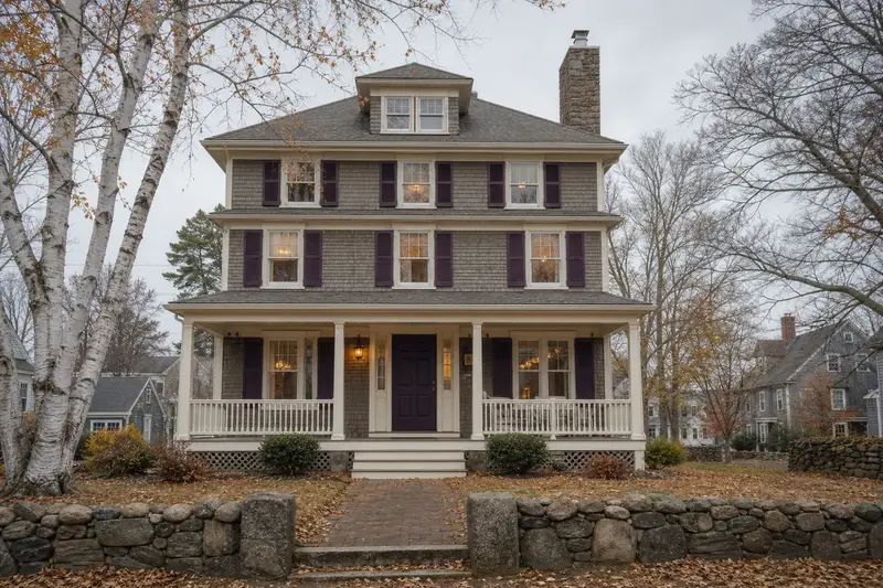 A 1950s triple-decker house with a stone masonry chimney and a stainless steel cap; illustrative image