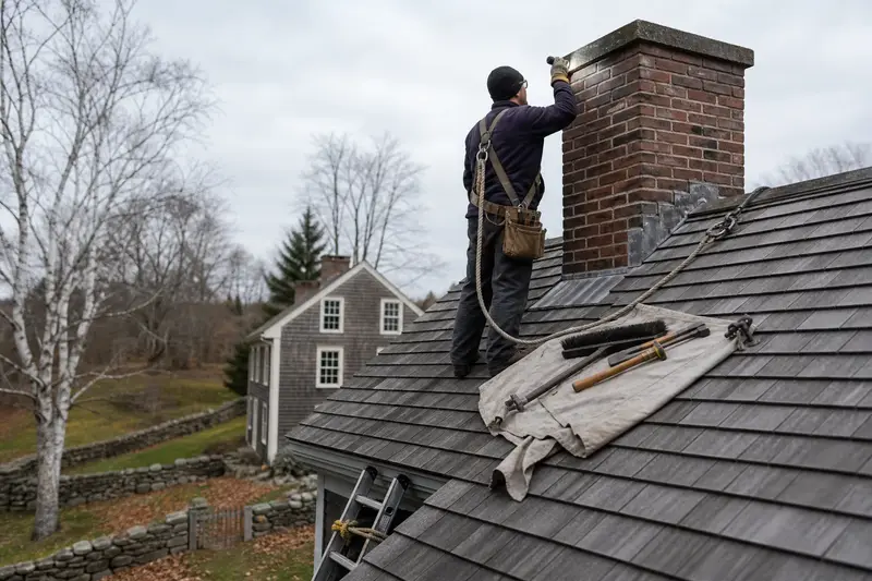 A harnessed technician examining the top of a tall brick chimney on a steep gable roof with a flashlight from a dry roof surface; illustrative image