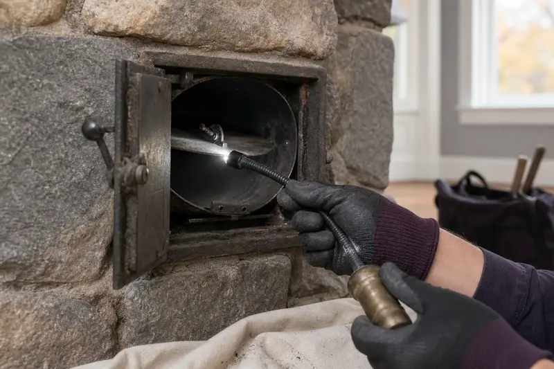 An inspection camera head on a flexible cable at the damper opening of a factory-built wood-burning fireplace with a stone facing; illustrative image