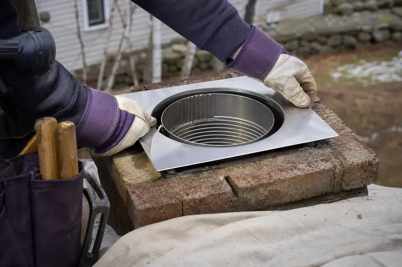 Gloved hands fitting a stainless steel liner top plate at a flue opening; illustrative image