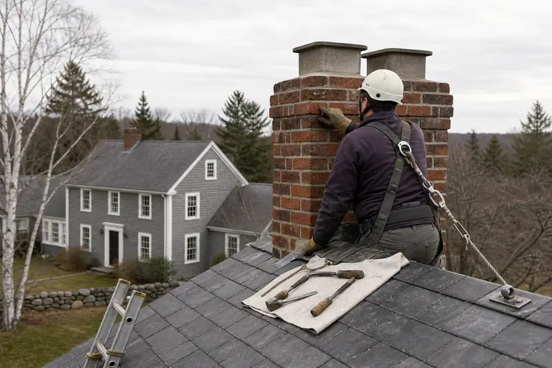 A harnessed mason examining the brickwork of a two-flue brick chimney on a slate roof with a gloved hand; illustrative image