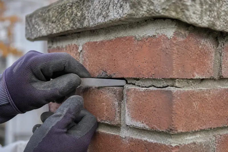 Gloved hands probing a cracked mortar joint with a thin feeler blade; illustrative image