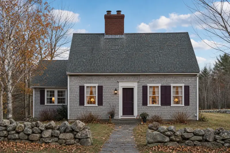 A 1950s saltbox house with a two-flue brick chimney on a slate roof rising above the roof; illustrative image