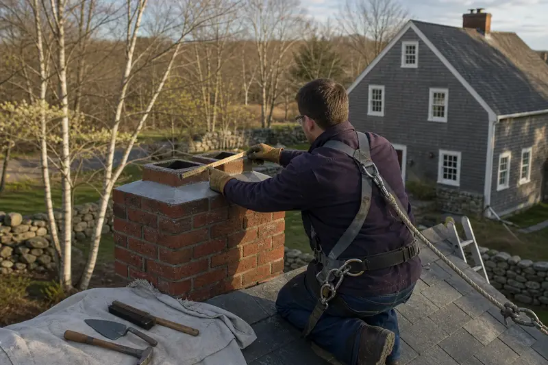 A harnessed mason measuring the crown of a two-flue brick chimney on a slate roof with a folding rule; illustrative image