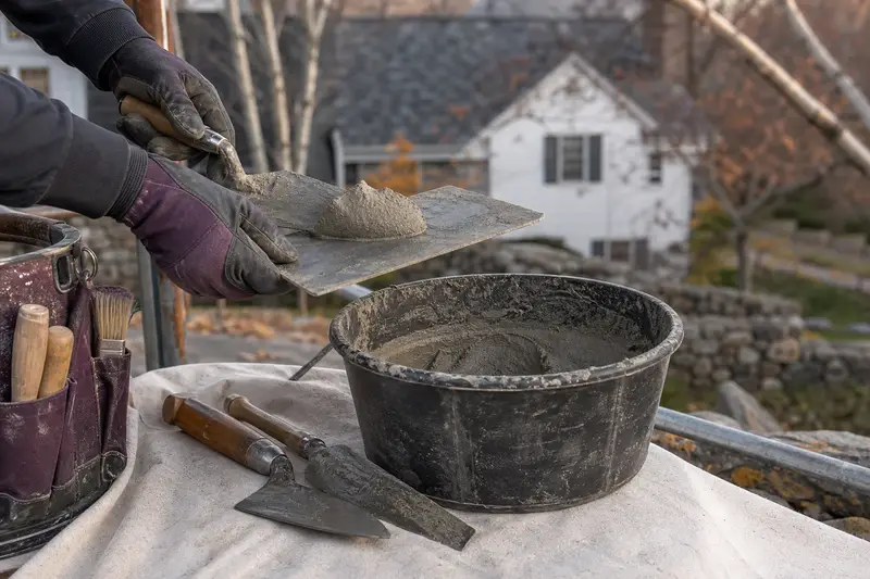 A mortar hawk, trowels and a bucket of mixed mortar set on a roof work platform; illustrative image