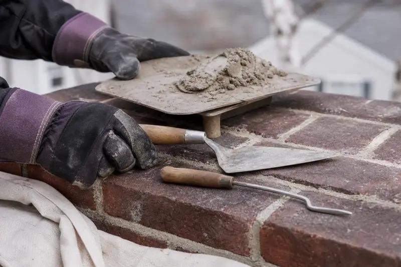 A mortar hawk, pointing trowel and jointer resting on sound brick at a chimney shoulder; illustrative image