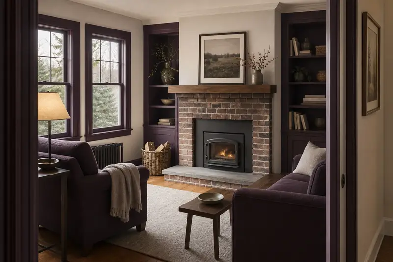 A remodeled hearth wall with a wood-burning insert in a brick opening, a slim wood mantel and built-in shelves; illustrative image