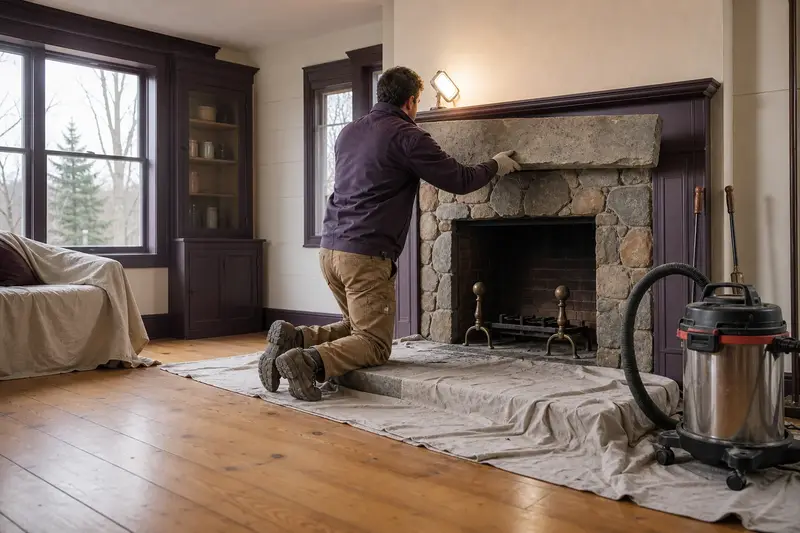 An installer setting a large stone panel onto a new fireplace surround, the firebox cold; illustrative image