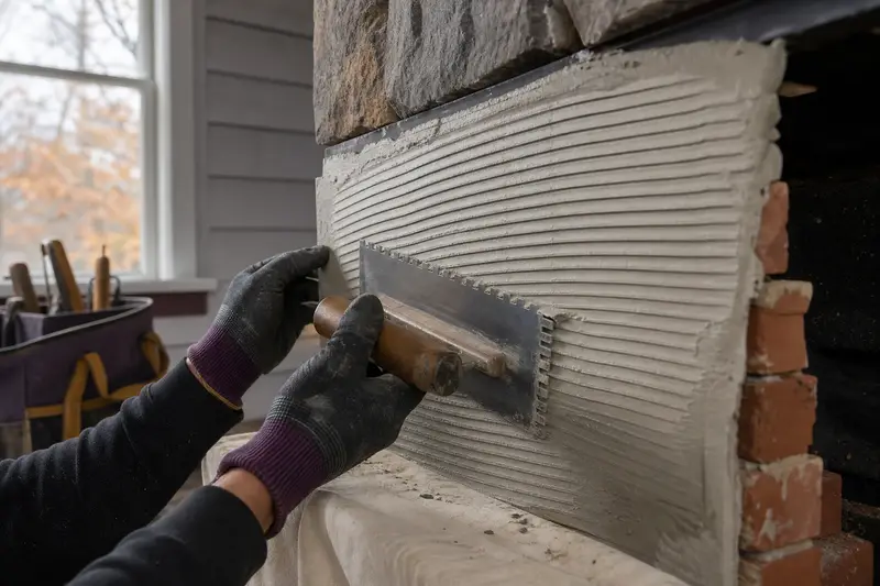 Gloved hands spreading thinset on a fireplace surround before a tile is set; illustrative image