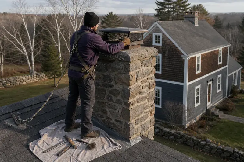 A harnessed technician checking the cap and crown of a stone masonry chimney before the heating season; illustrative image