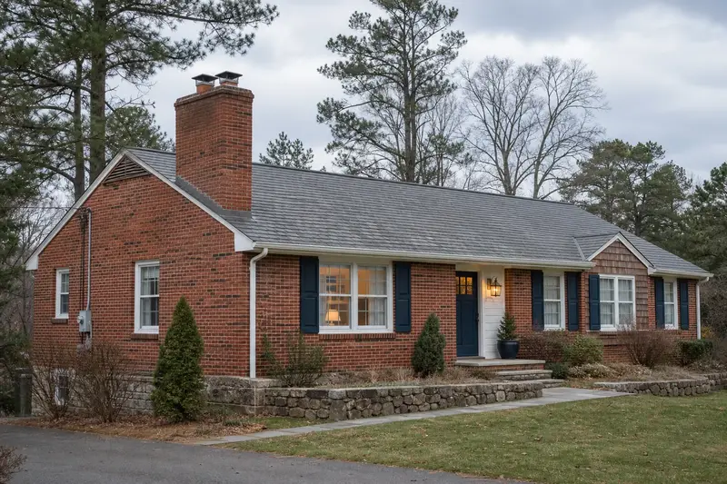 A 1970s brick-front ranch house with a two-flue brick chimney on a slate roof of even red brick; illustrative image