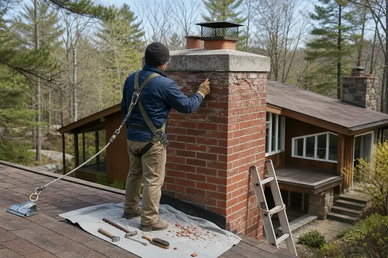 A harnessed mason checking the brick faces of a red brick chimney with a concrete crown near the crown; illustrative image