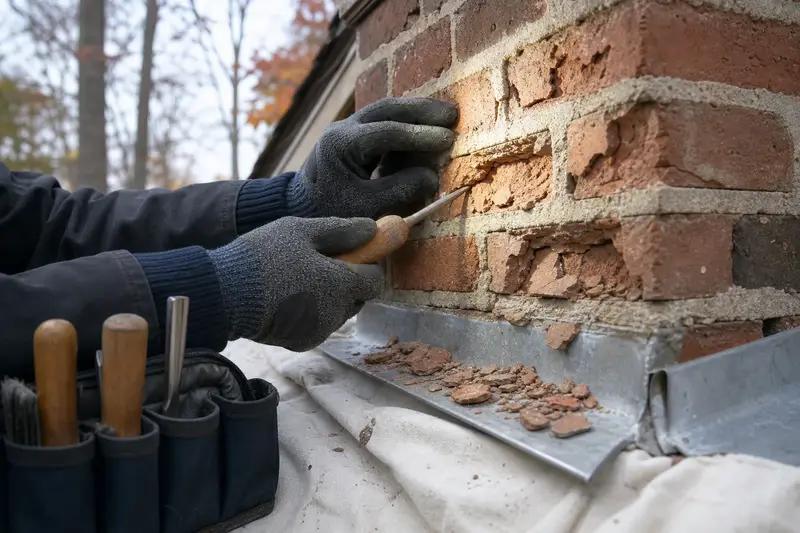 Spalled brick faces on a chimney with flakes resting on the flashing, seen up close; illustrative image