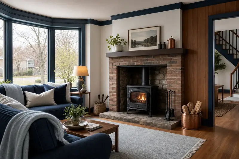 A tidy hearth room with a cast-iron wood stove on a stone hearth pad, a cleared hearth, fireplace tools and split firewood; illustrative image