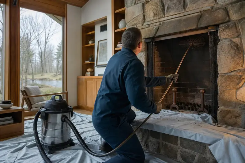 A technician feeding a rotary chimney brush up the flue of an open masonry wood-burning fireplace, drop cloths and a sealed vacuum on the hearth; illustrative image