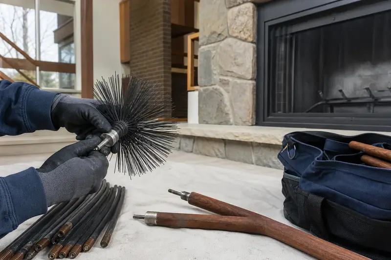 A rotary brush head and flexible rods laid on a canvas drop cloth beside a factory-built wood-burning fireplace with a stone facing; illustrative image