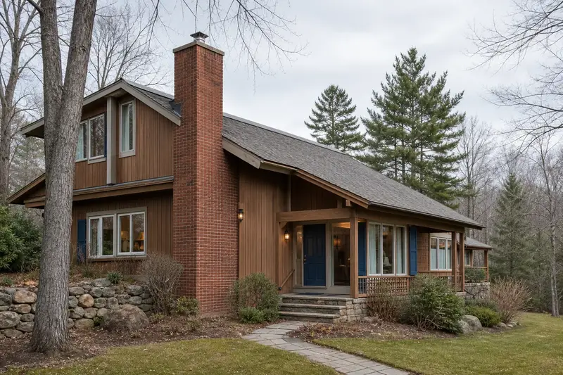 A 1970s cedar-sided contemporary house with a red brick chimney with a concrete crown and a stainless steel cap; illustrative image
