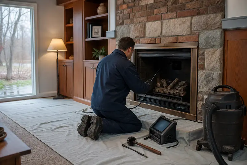 A technician guiding an inspection camera into the firebox of a direct-vent gas fireplace, the fireplace cold and unlit; illustrative image