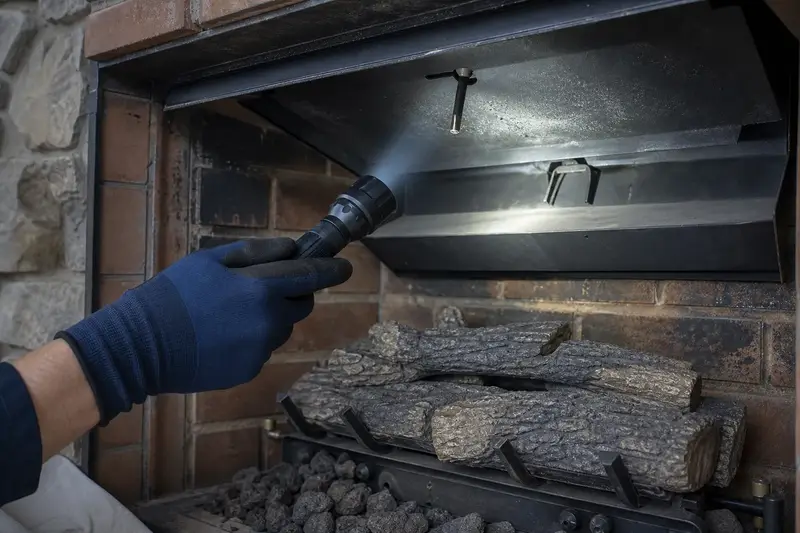 A flashlight beam across the smoke chamber and damper of a vented gas log set in a masonry firebox, a gloved hand holding the light; illustrative image